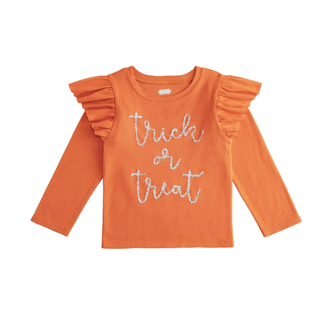 orange long sleeve ruffle shirt with &quot;trick or treat&quot; written on it