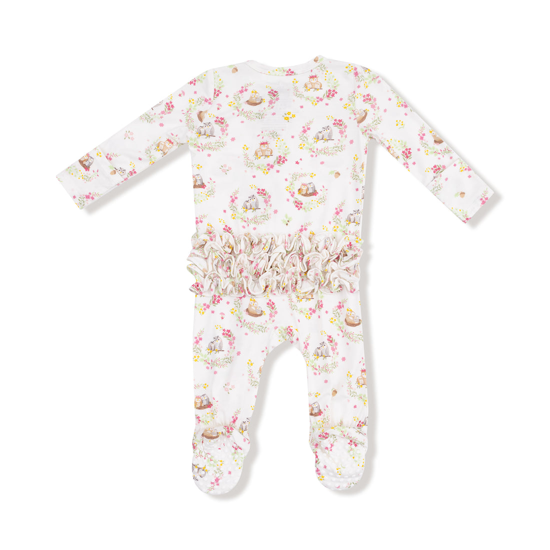 Floral patterned baby onesie with ruffle details on a white background