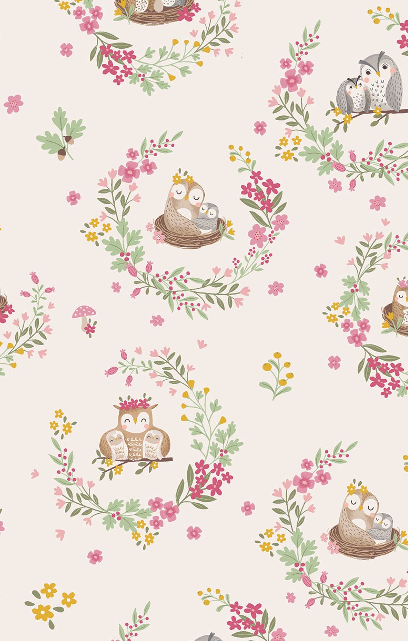Pattern of owls and flowers on a light background