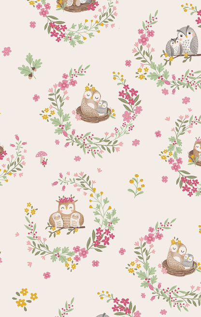 Pattern of owls and flowers on a light background
