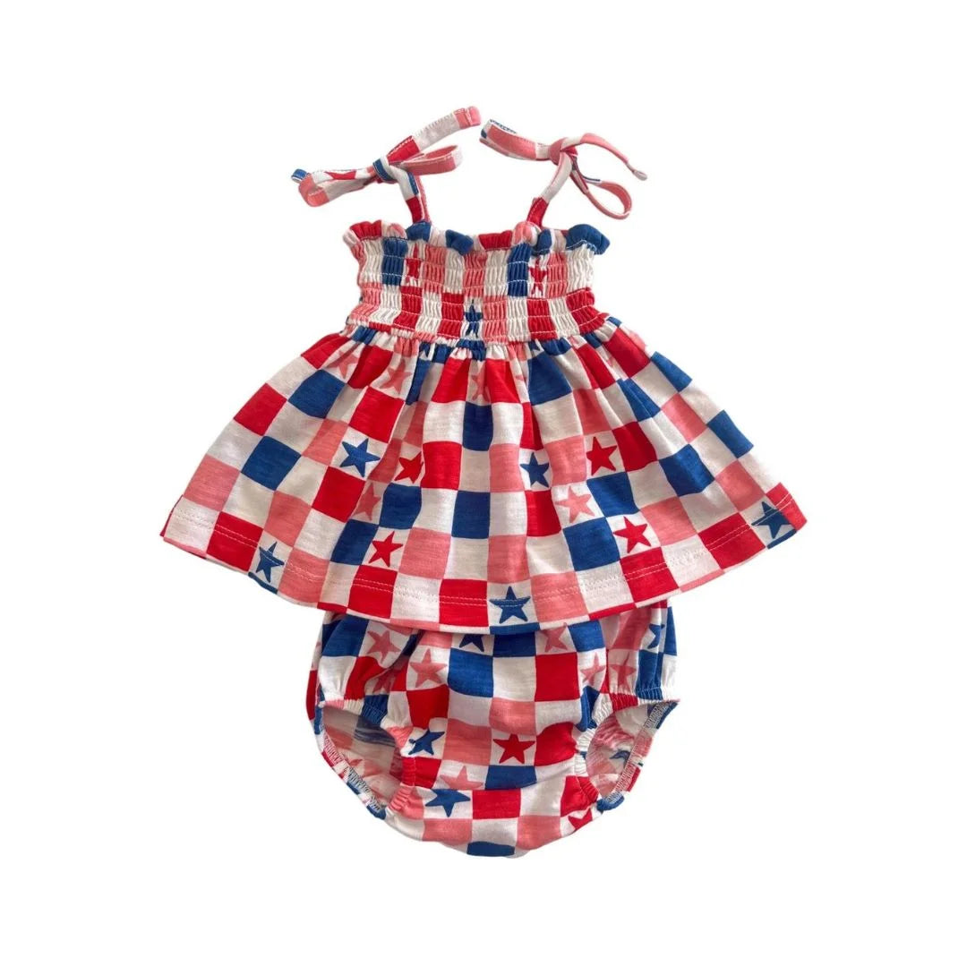 Red, White, Blue &amp; Pink Checkerboard Smocked Dress &amp; Bloomer 2pc Set