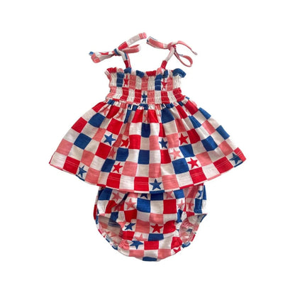 Red, White, Blue &amp; Pink Checkerboard Smocked Dress &amp; Bloomer 2pc Set