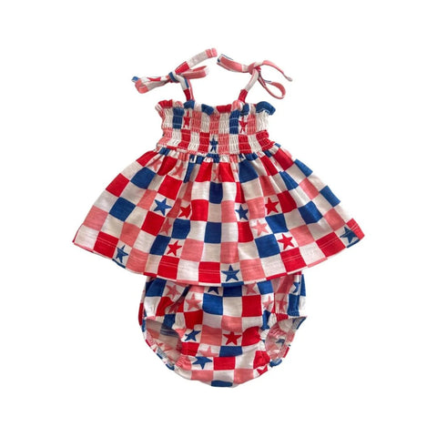 Red, White, Blue & Pink Checkerboard Smocked Dress & Bloomer 2pc Set