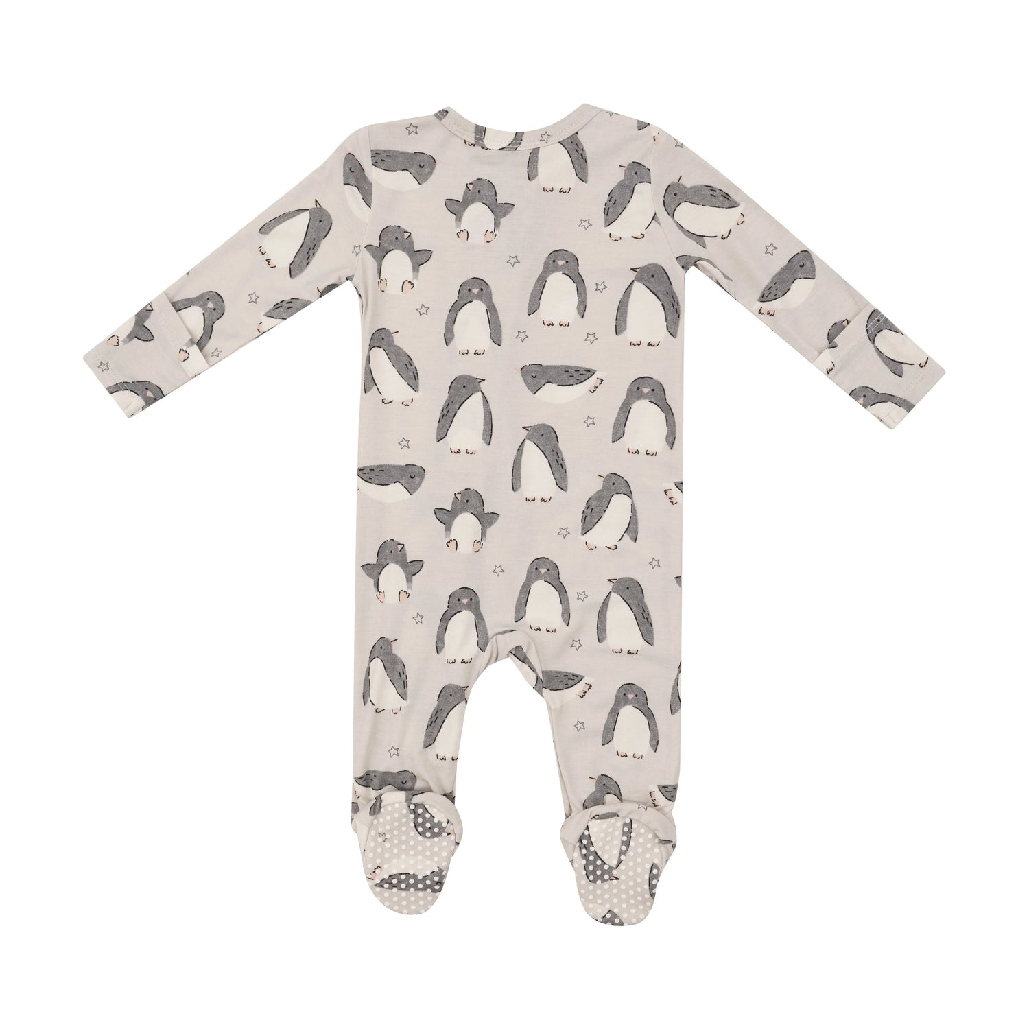 beige footie with grey and white penguins all over and tiny stars