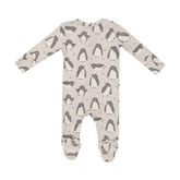 beige footie with grey and white penguins all over and tiny stars