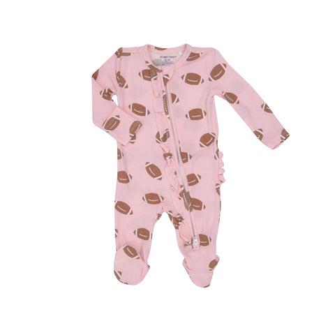 pink long sleeve footie with ruffle details on zipper with brown and white footballs all over