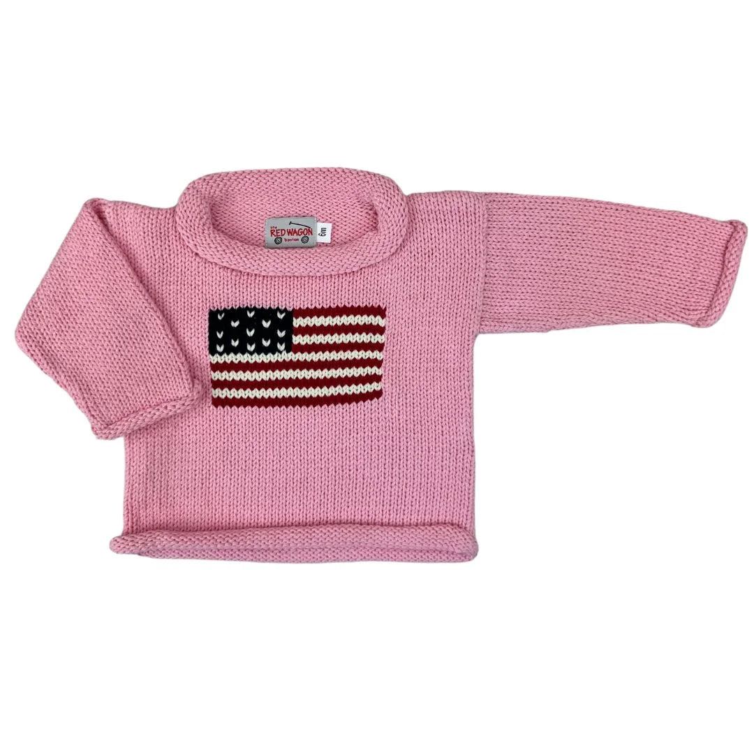 long sleeve pink sweater with american flag in center