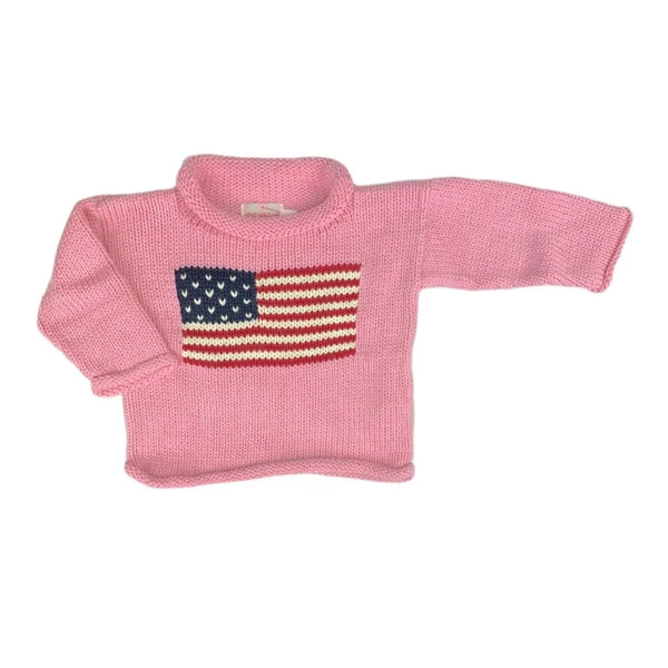 long sleeve pink sweater with american flag in center