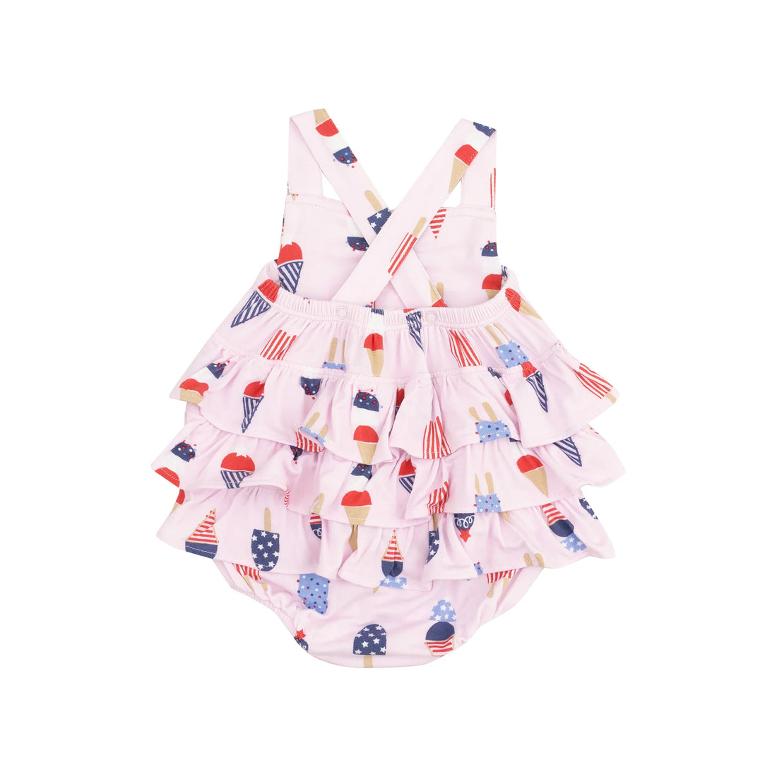 pink ruffle sunsuit with red white and blue ice cream all over