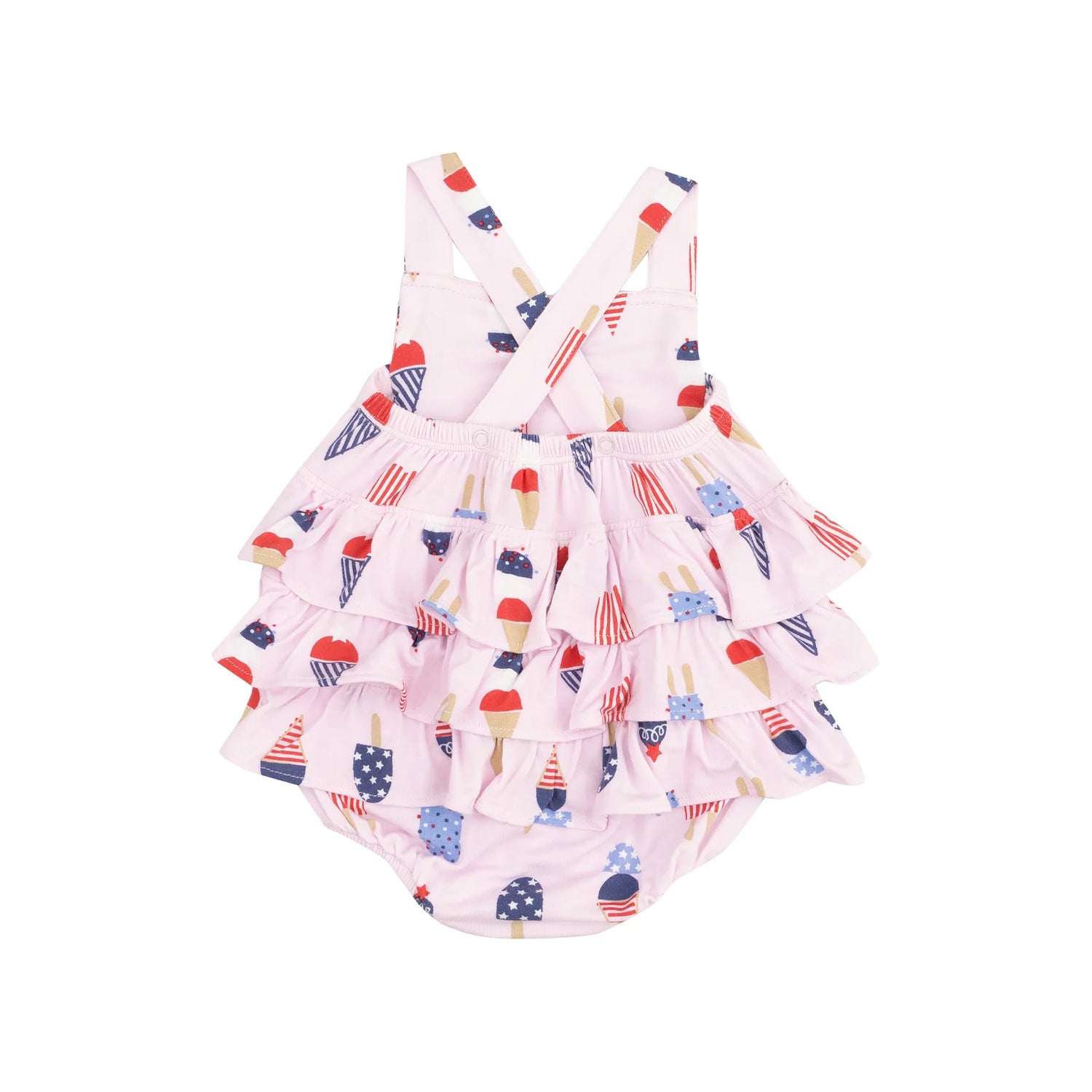 pink ruffle sunsuit with red white and blue ice cream all over