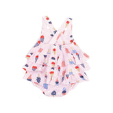 pink ruffle sunsuit with red white and blue ice cream all over