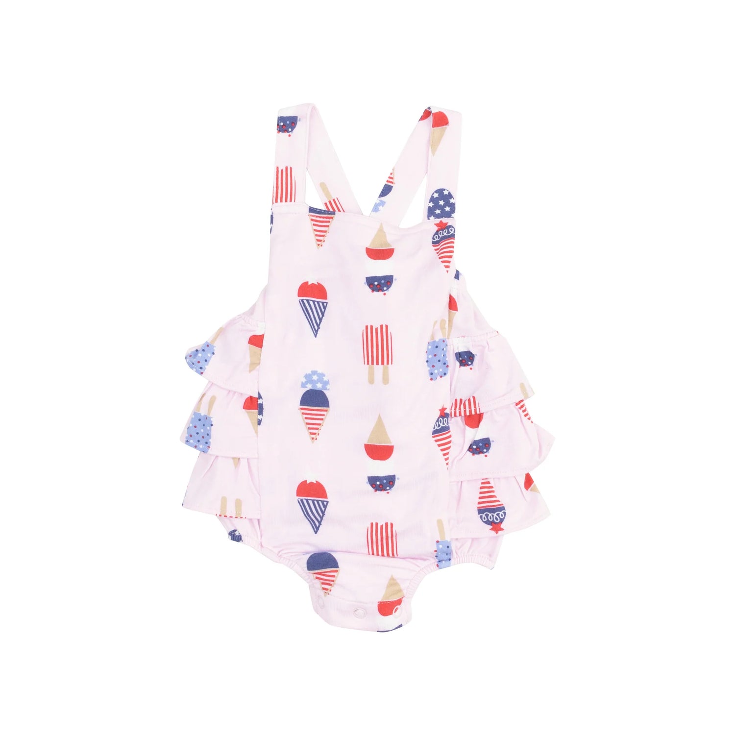 pink ruffle sunsuit with red white and blue ice cream all over