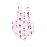 pink ruffle sunsuit with red white and blue ice cream all over