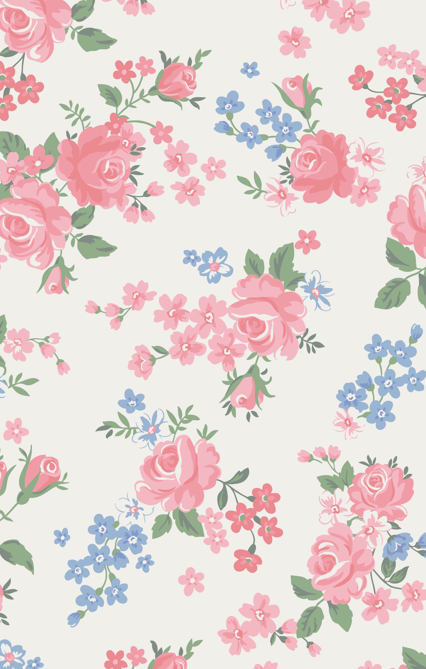Floral pattern with pink and blue flowers on a white background
