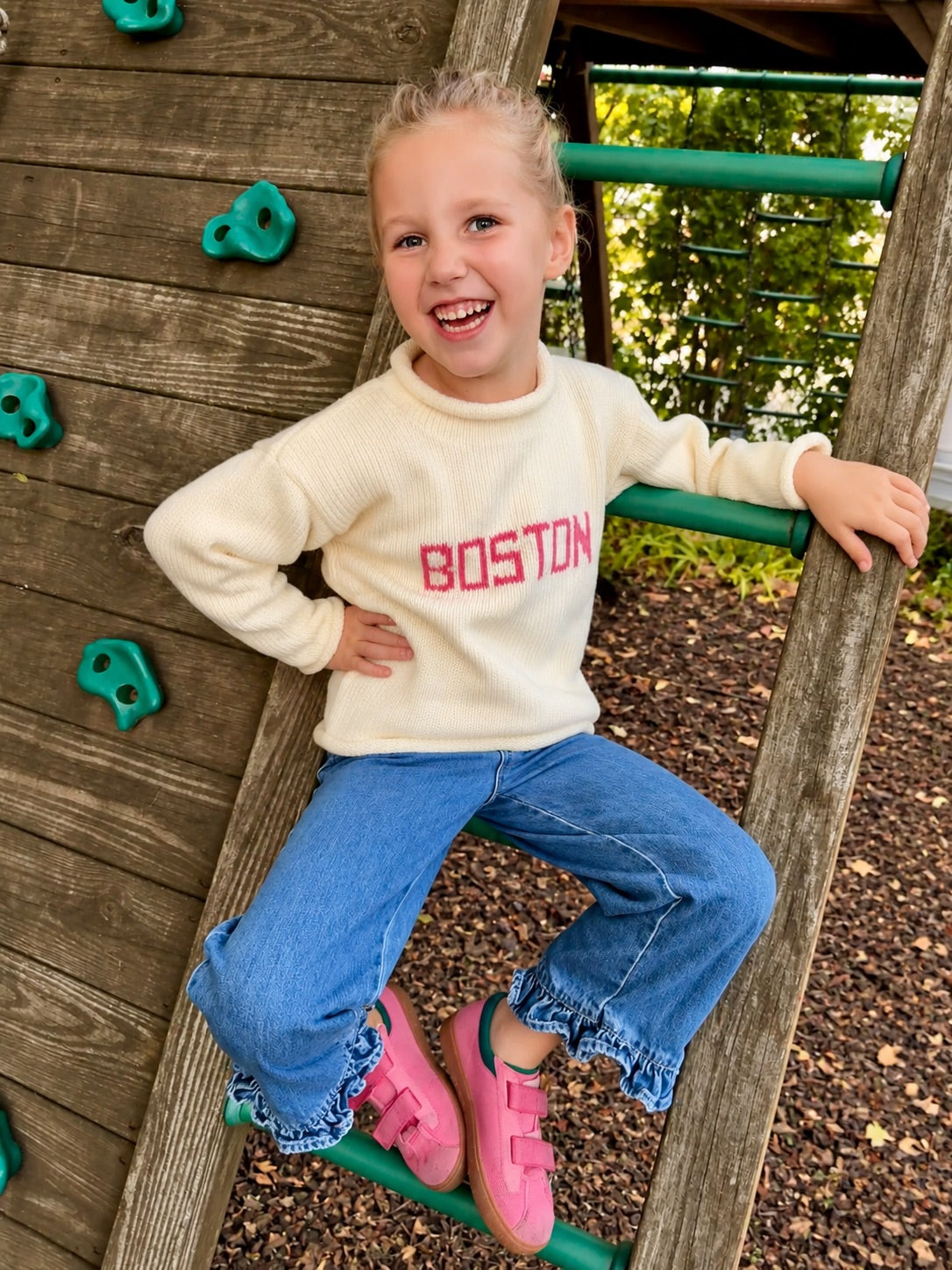 Ivory and Pink Boston Roll Neck Sweater