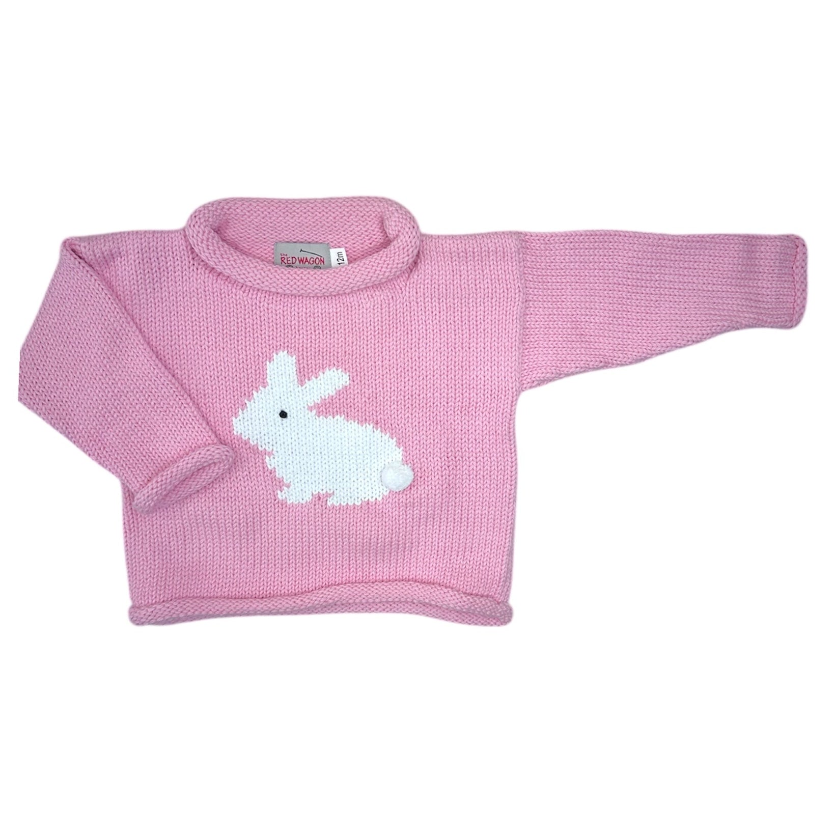 Pink baby sweater with a white bunny design on a white background