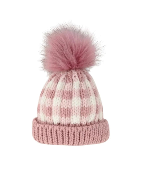 pink and white buffalo check winter hat
