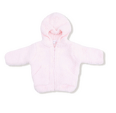 A light pink fuzzy zip-up hooded jacket for a baby or toddler, shown flat against a white background.