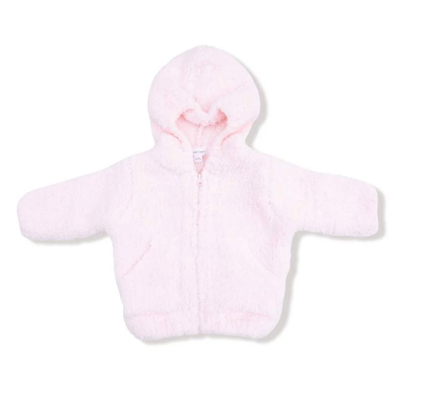 A light pink fuzzy zip-up hooded jacket for a baby or toddler, shown flat against a white background.