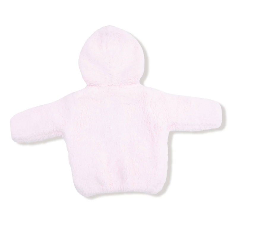 A light pink plush faux-fur hooded jacket or blanket with long sleeves, shown from the back on a clean white background.