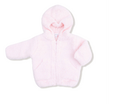 A light pink fuzzy hooded zip-up jacket for a baby or toddler, shown flat against a white background.