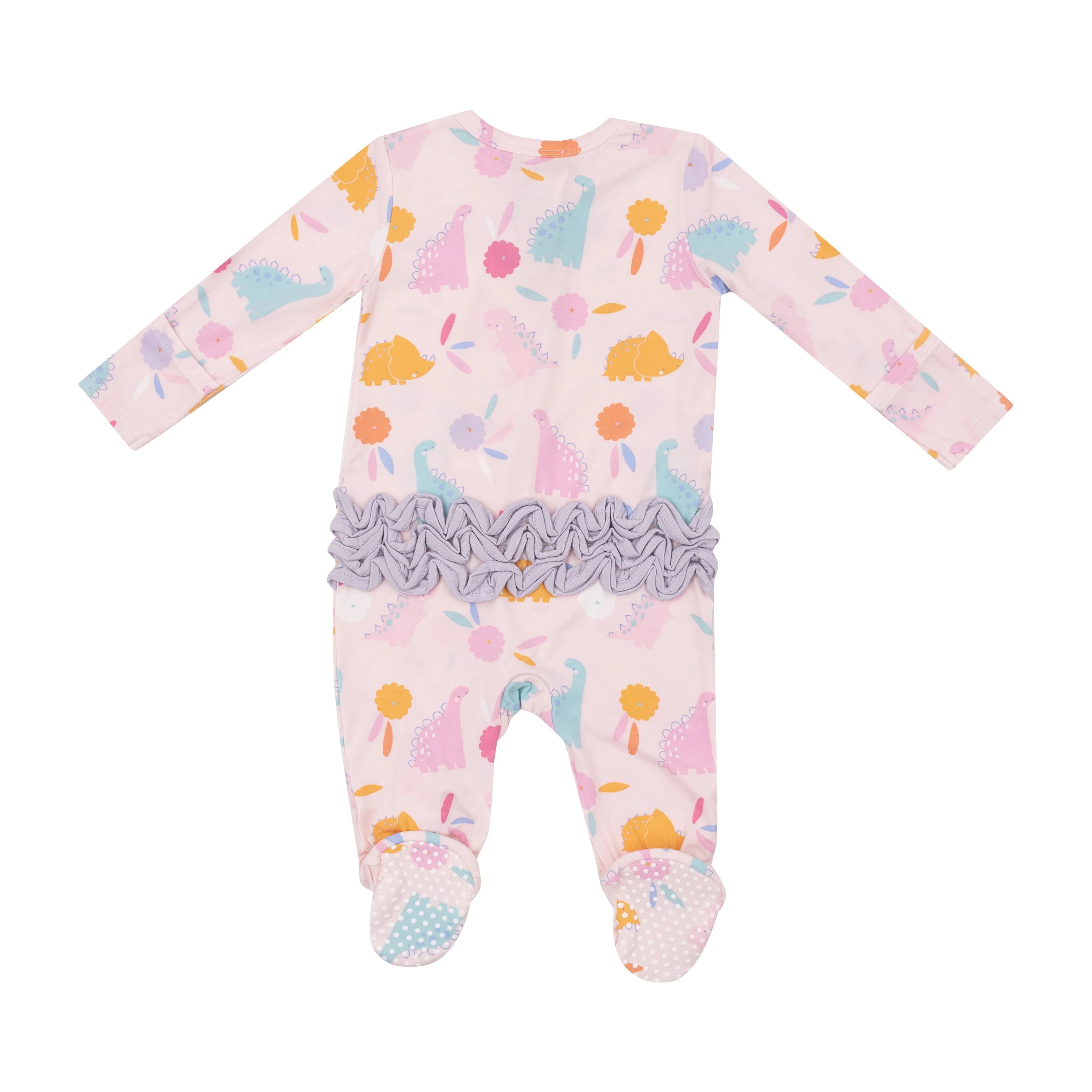 pink baby footie with multi color dinosaurs and flowers and big purple ruffle on bum