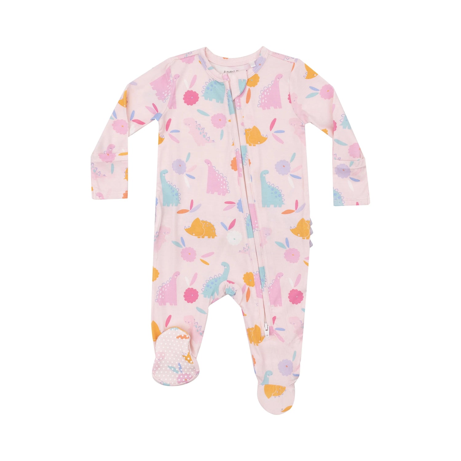 pink baby footie with multi color dinosaurs and flowers