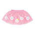 Pink checkered skirt with embroidered bunny faces on a white background