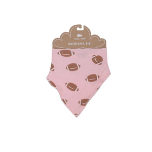 pink bandana bib with brown and white footballs allover