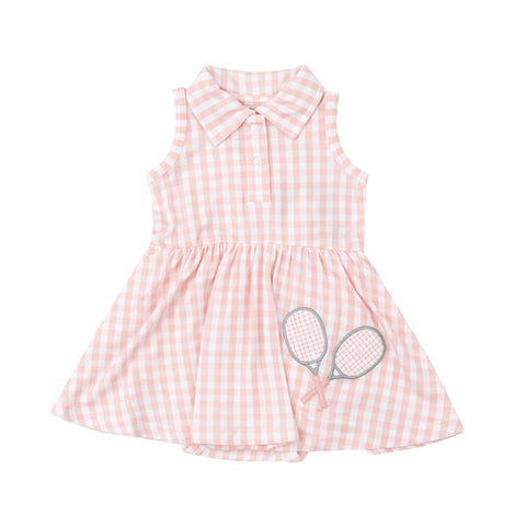 pink gingham dress with tennis design