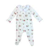 Baby onesie with golf cart pattern on a white background