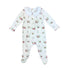 Baby onesie with golf cart pattern on a white background