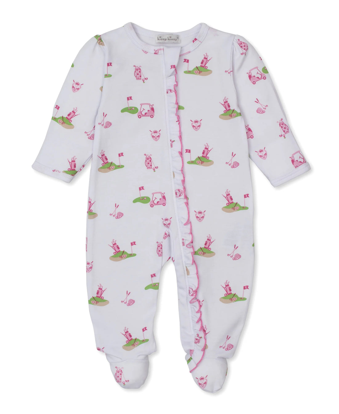 white and pink footie with golf emblems all over and ruffle all down the zipper