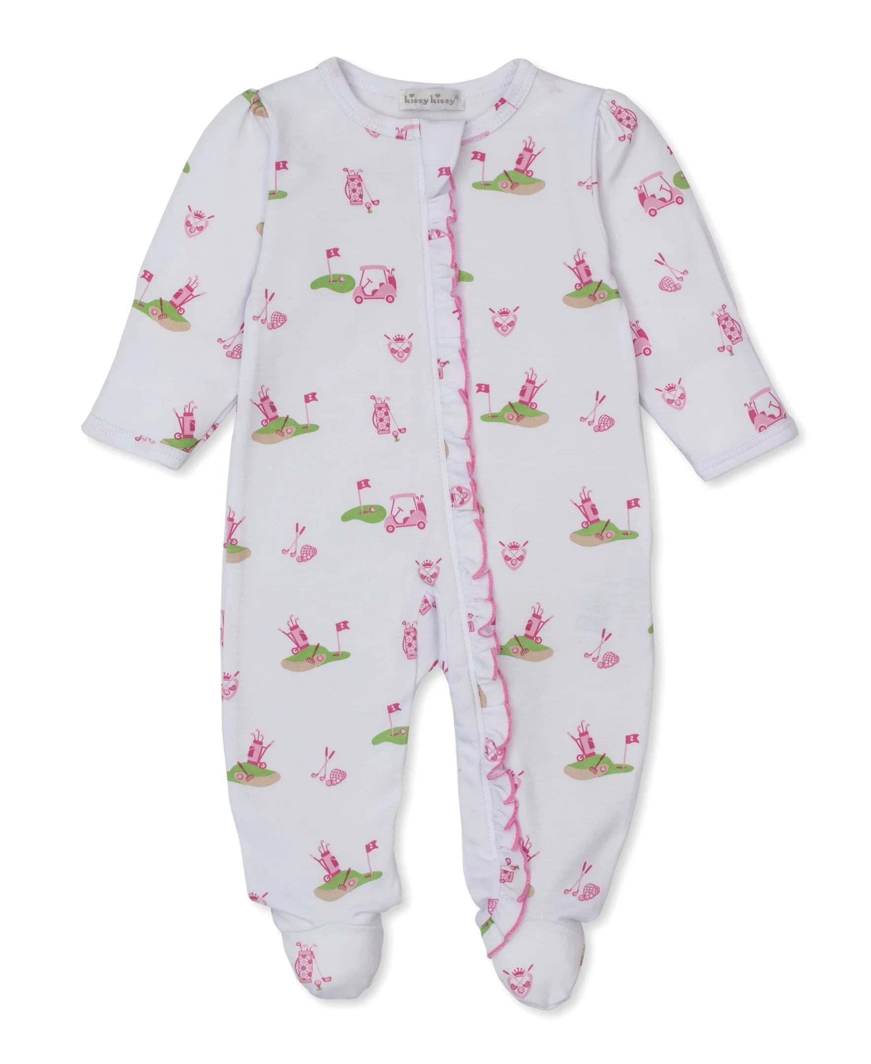 white and pink footie with golf emblems all over and ruffle all down the zipper