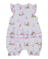 Baby romper with pink and green patterns on a white background