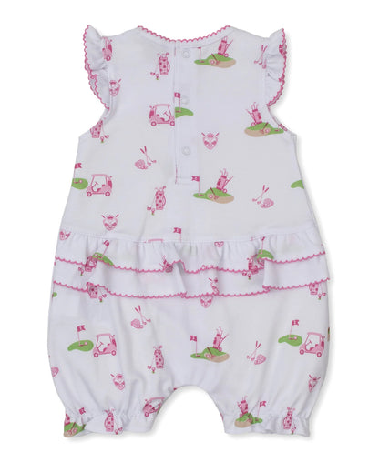 Baby romper with pink and green patterns on a white background