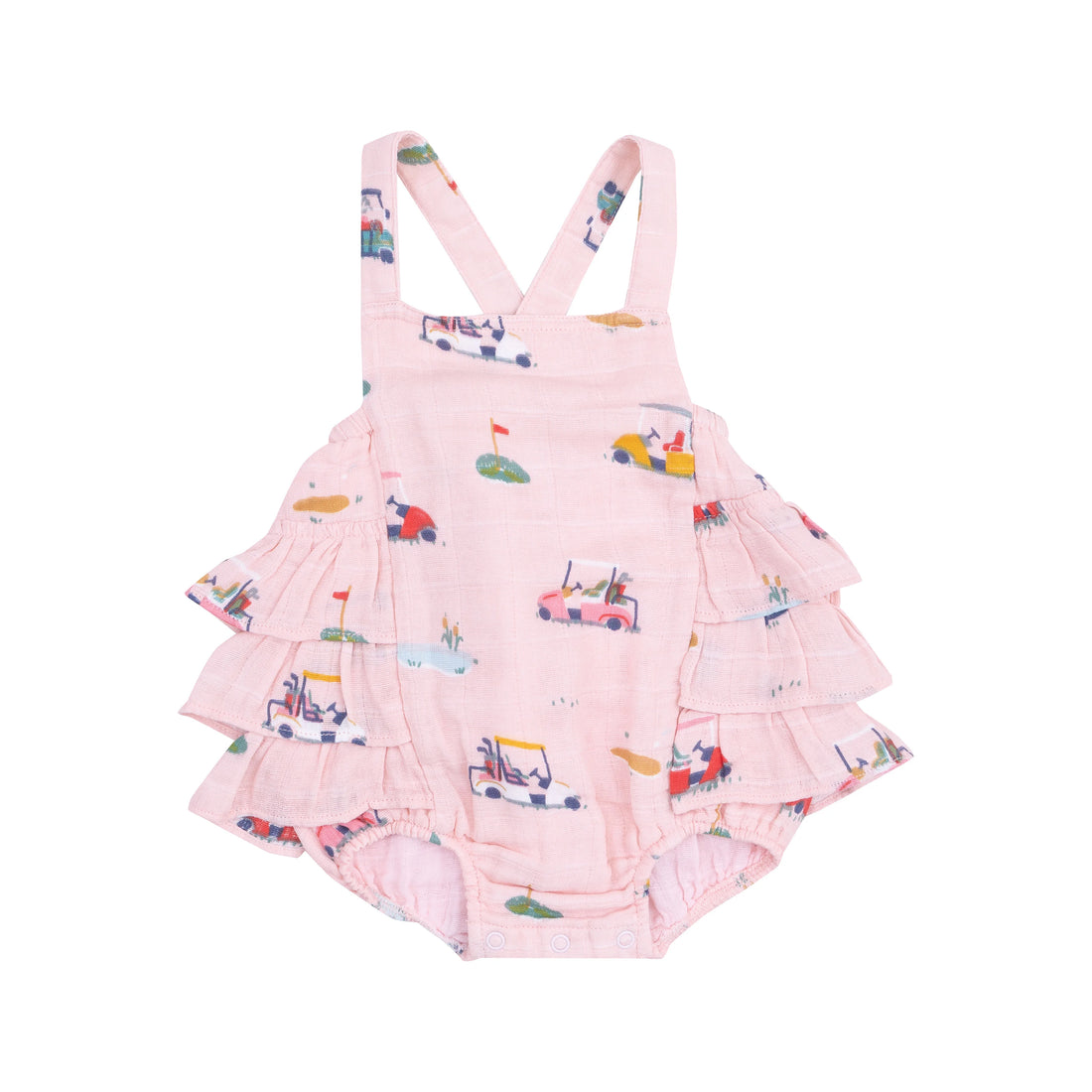 pink ruffle sunsuit with golf design