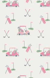 Pattern of pink golf carts, clubs, and bags on a light background