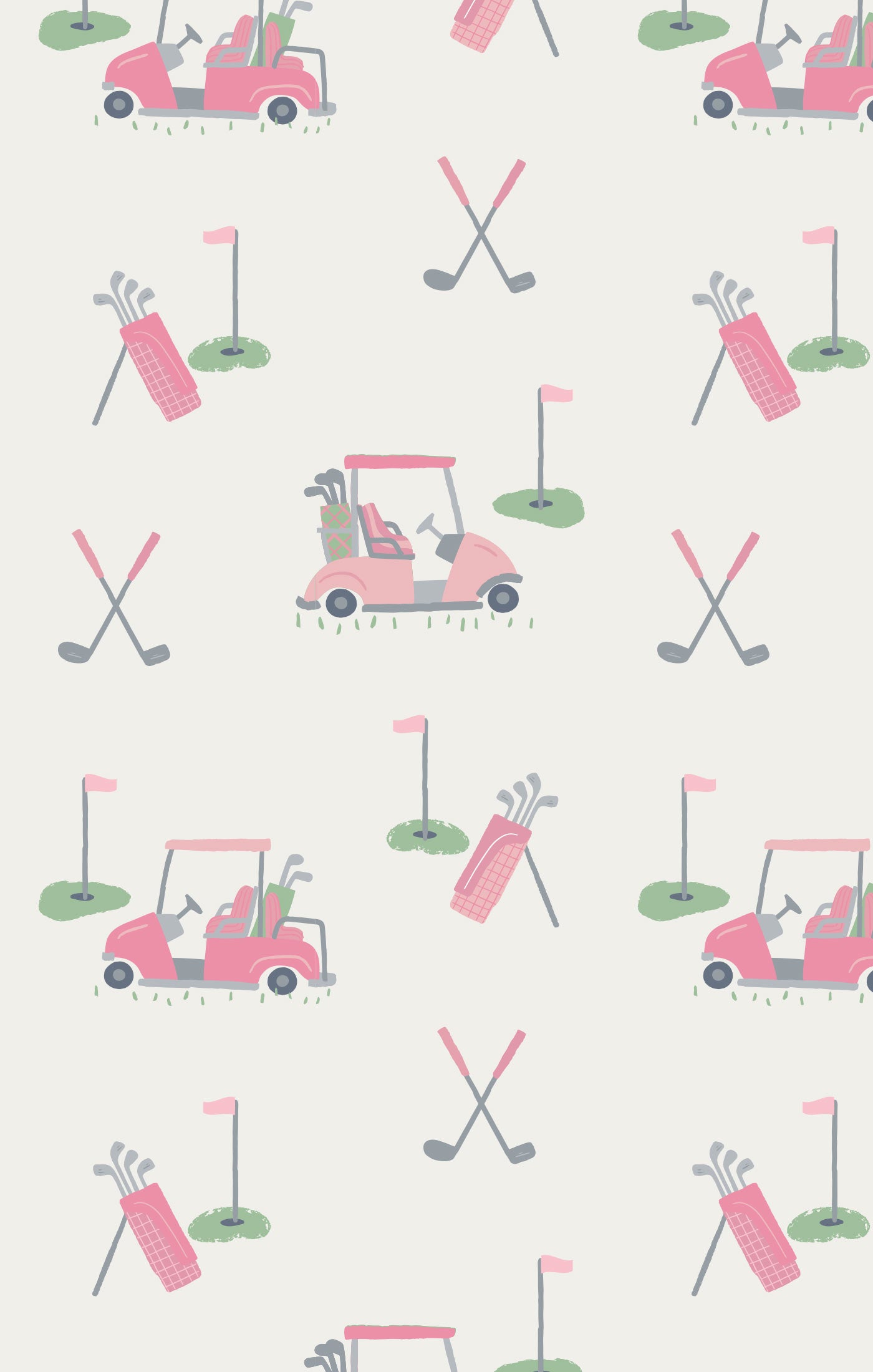 Pattern of pink golf carts, clubs, and bags on a light background