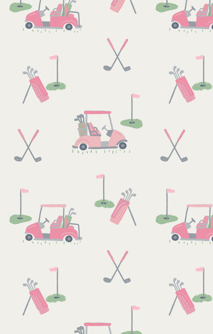 Pattern of pink golf carts, clubs, and bags on a light background