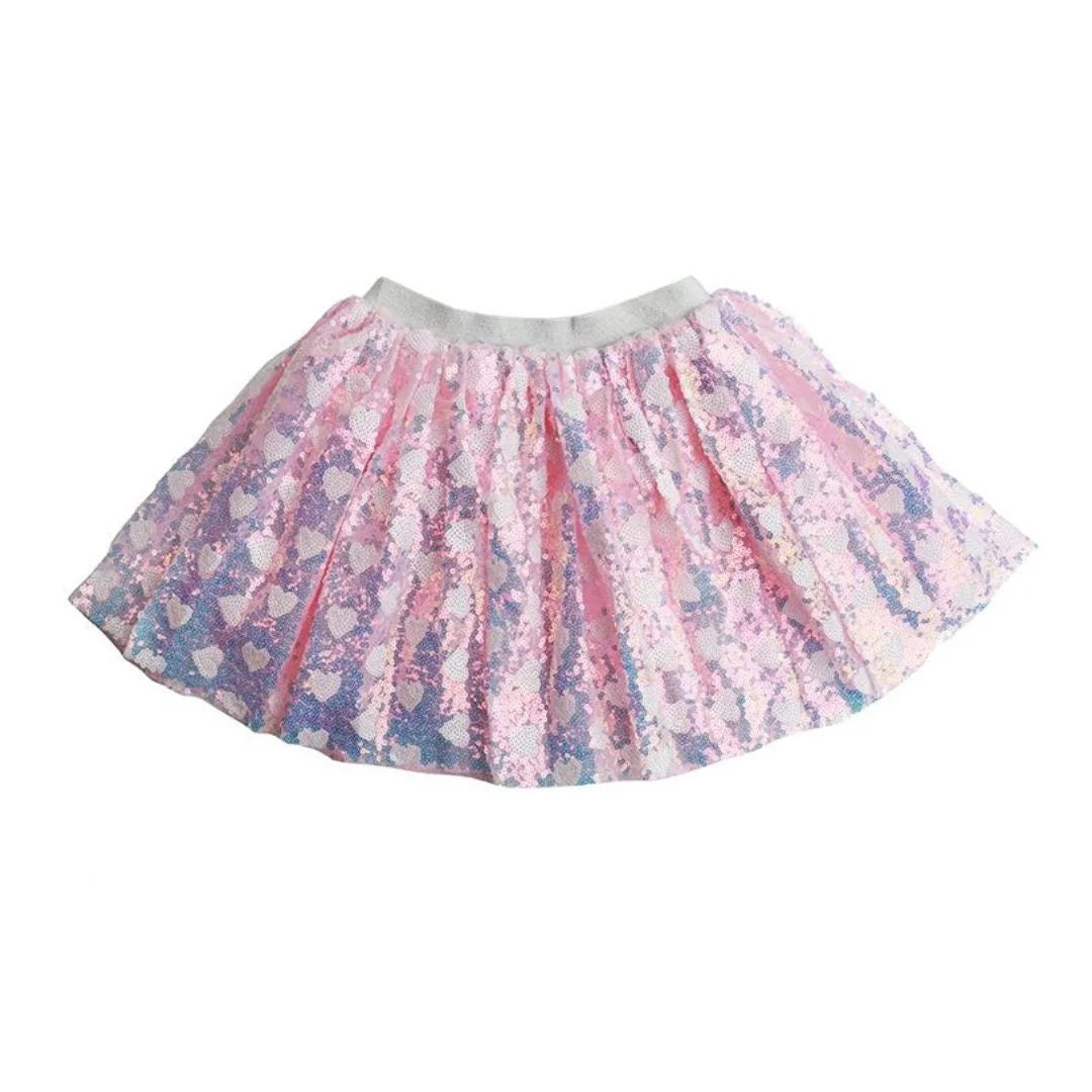 all over pink sequin tutu with white hearts all over