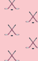 Pattern of crossed hockey sticks and pucks on a pink background