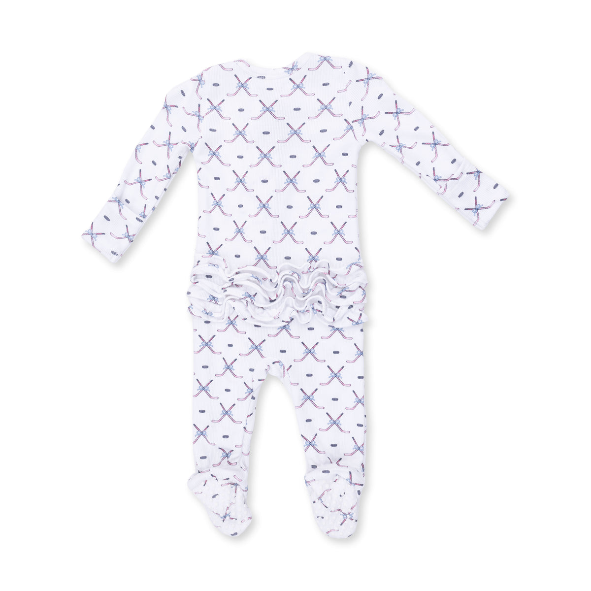 White/Pink Simple Hockey Ruffle Back 2 Way Zipper Footie