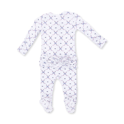 White/Pink Simple Hockey Ruffle Back 2 Way Zipper Footie