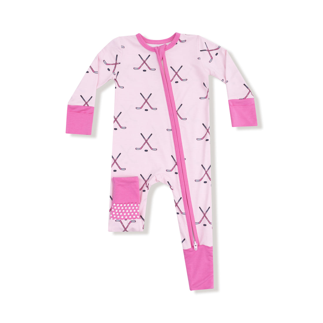 Pink baby onesie with hockey stick pattern on a white background