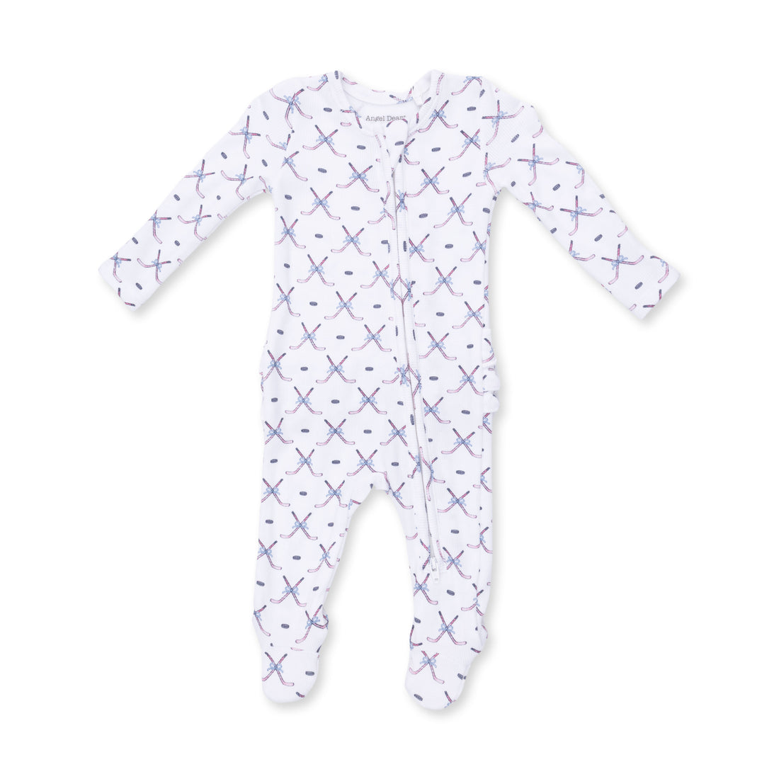 White/Pink Simple Hockey Ruffle Back 2 Way Zipper Footie