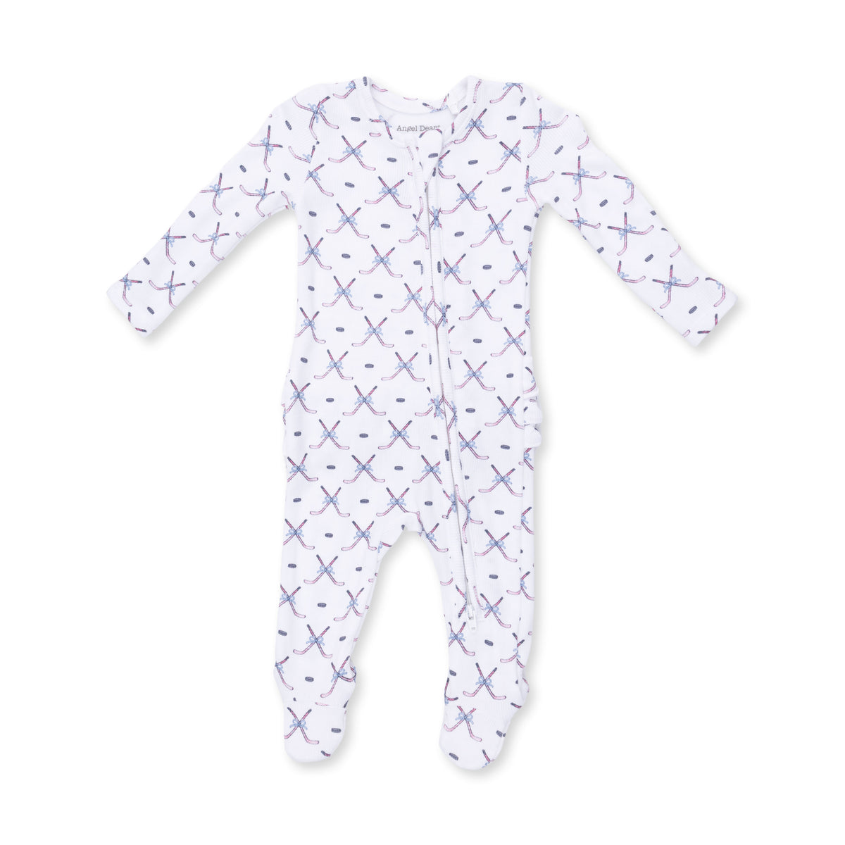 White/Pink Simple Hockey Ruffle Back 2 Way Zipper Footie