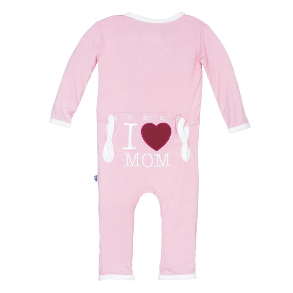 pink coverall with i heart mom embroidered on bum