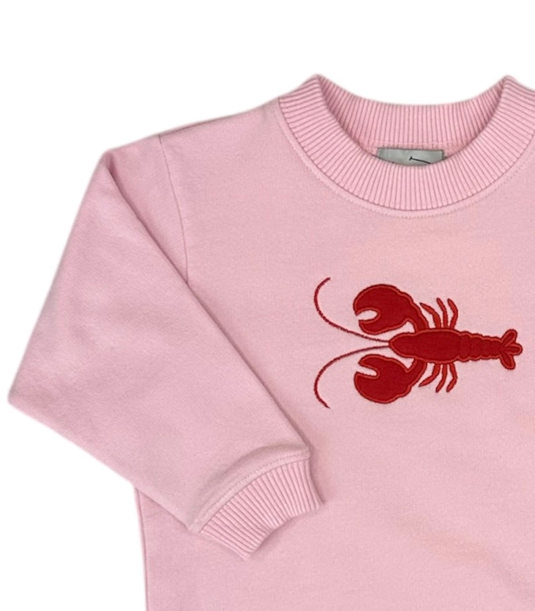 Pink sweater with a red lobster design on a white background