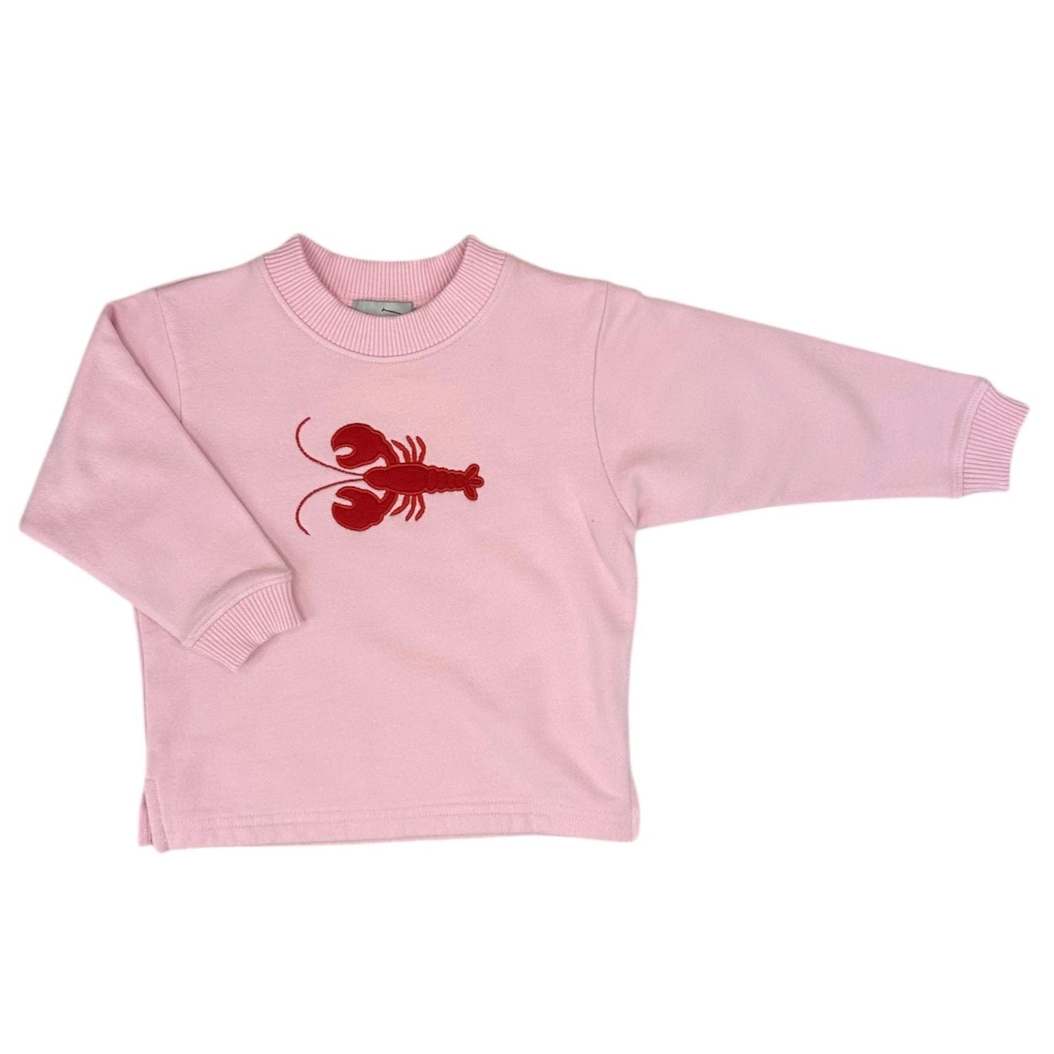 Pink sweatshirt with a red lobster design on a white background